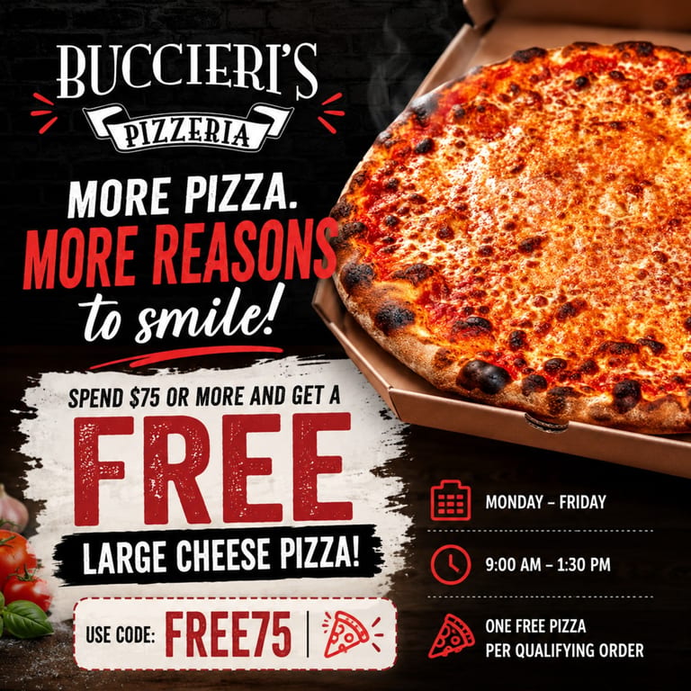 Free Large Cheese Pizza on Orders of $75+
