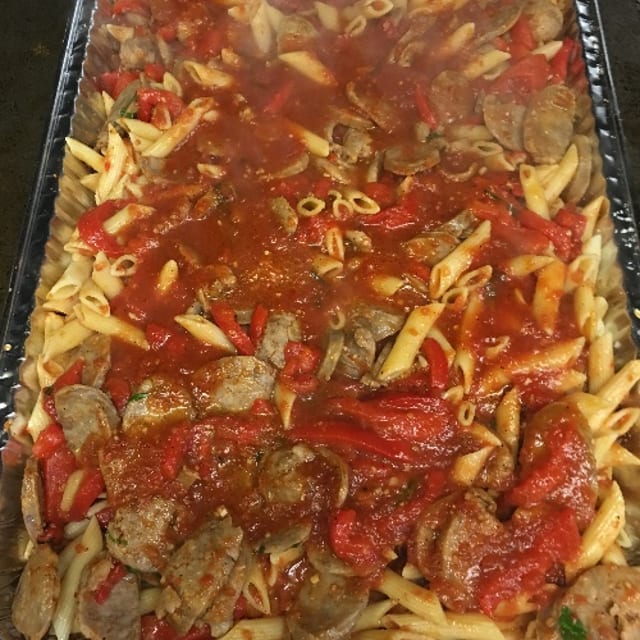 Ziti with Sausage Roasted Peppers and Basil.