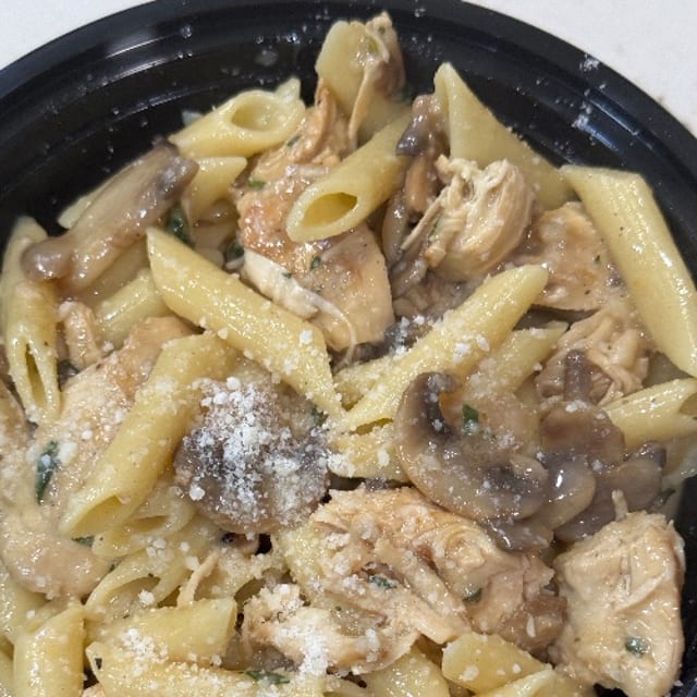 Ziti and Chicken Marsala with Mushrooms in A Marsala Wine Sauce.